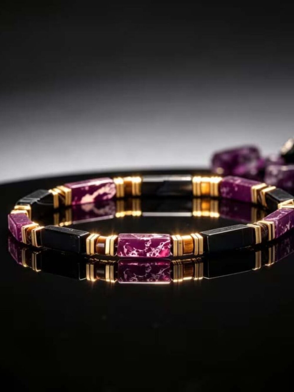 NATURAL PURPLE IMPERIAL JADE AND BLACK ONYX PROSPERITY STONE BRACELET 70
